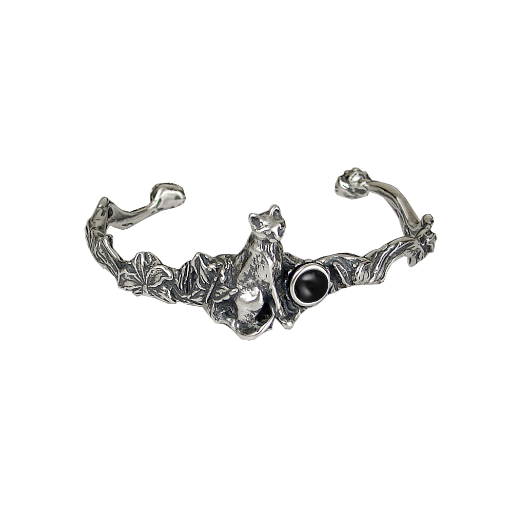 Sterling Silver Cat With Flowers Cuff Bracelet Black Onyx